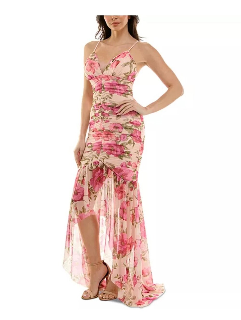 Katia Rae NWT Blush Pink Floral Ruched Mesh Maxi Dress XXS $109 Fairycore